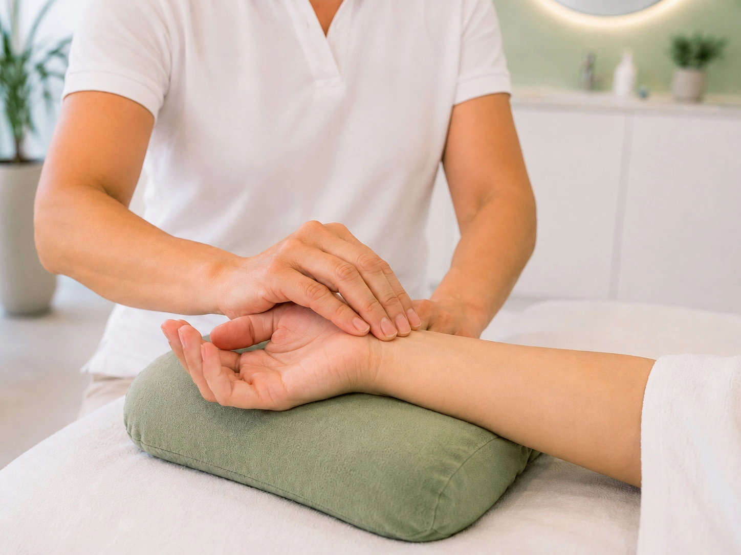 Das Handgelenk ruht auf einem Kissen während der Pulsdiagnose im Akupunktur Zentrum Wohlen