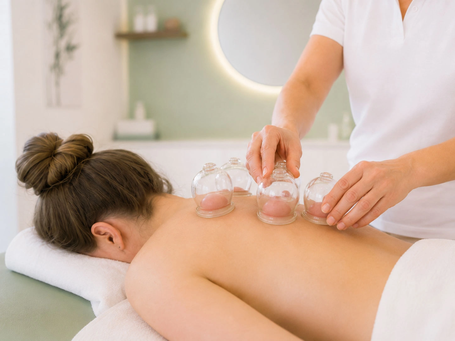 Das Glas wird zur Schröpfkopfmassage über die Haut geführt im Akupunktur Zentrum Wohlen